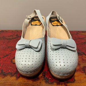 Swedish Hasbeens. Only worn once as my “something blue”!